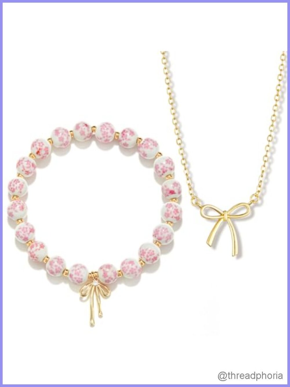 14K Gold-Plated Bow Bracelet and Necklace Set Ceramic Beaded Jewelry Gift